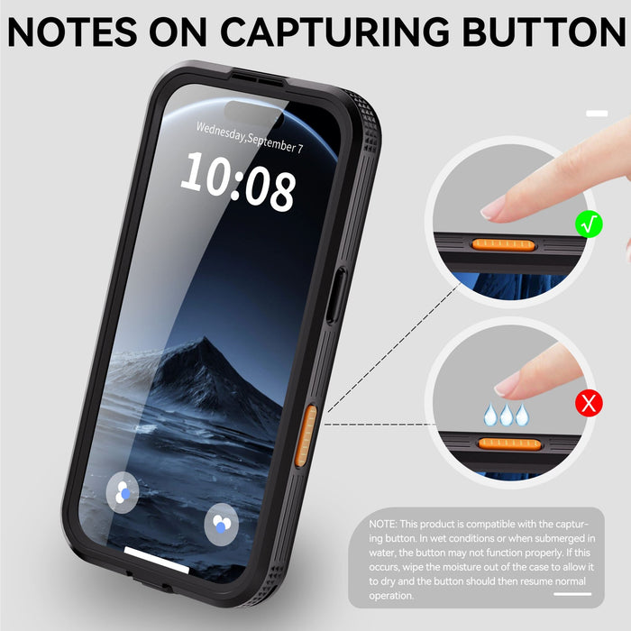Phone case with capturing button feature and user guide on a gray background