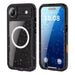 Phone case with a black frame and water droplets on a white background