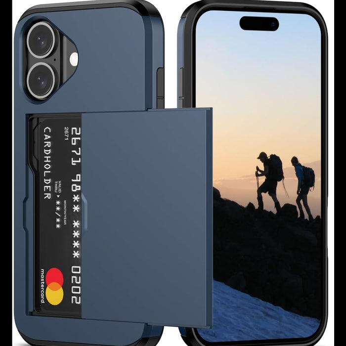 Blue phone case with card holder and hiking scene on screen