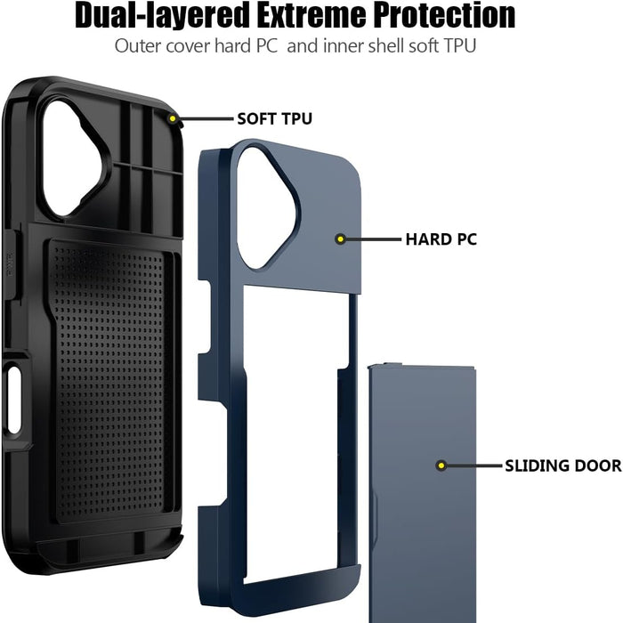 Phone case with dual-layered design featuring hard PC and soft TPU components.
