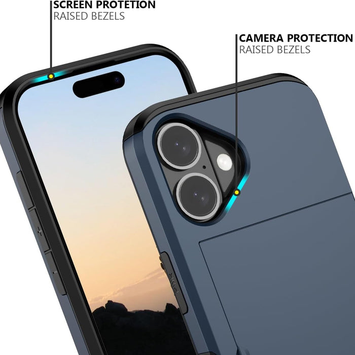 Phone case with screen and camera protection features labeled