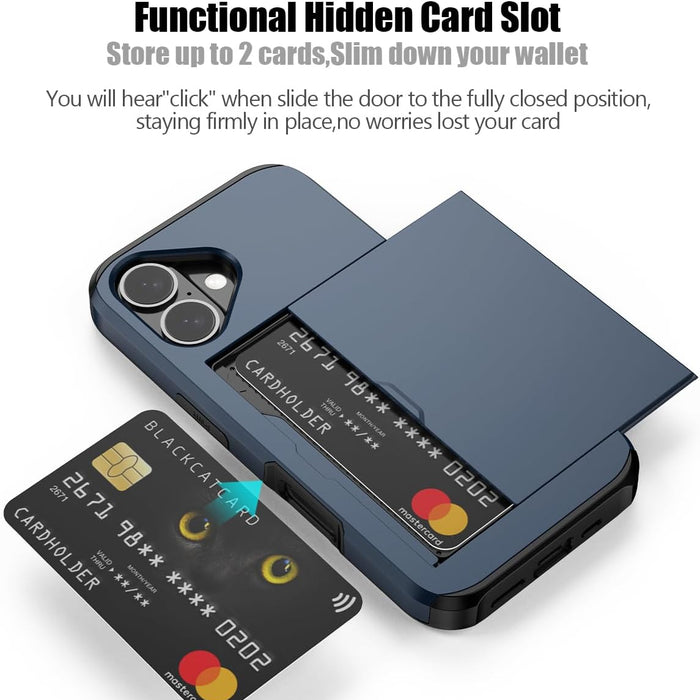 Phone case with a hidden card slot and two credit cards displayed.