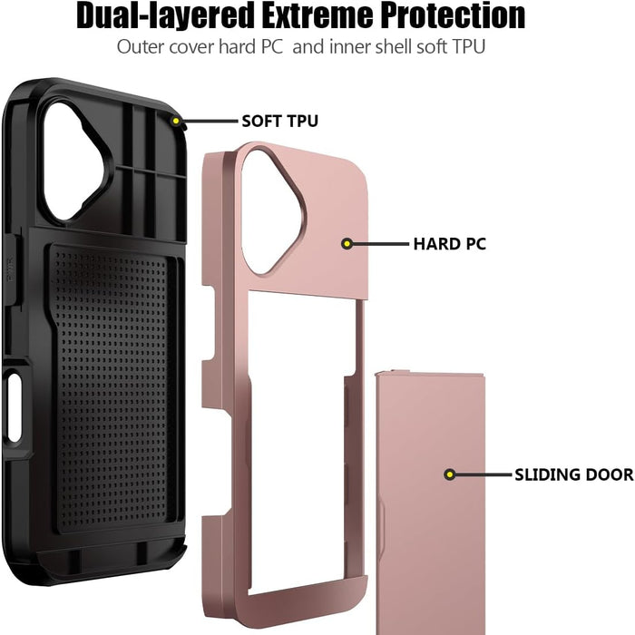 Phone case with dual-layered design featuring hard PC and soft TPU materials.