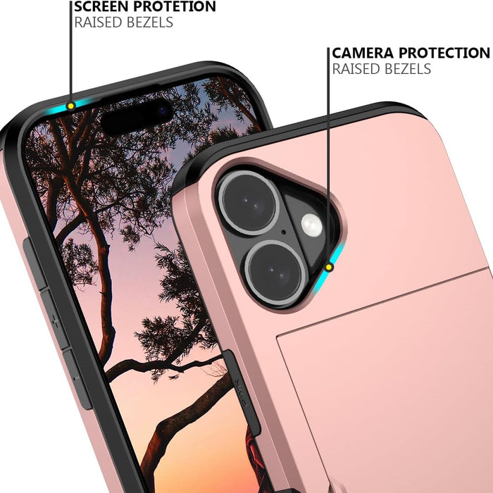 Phone case with screen protection and camera protection features labeled