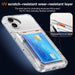 Clear phone case with credit card slot and protective features highlighted on a dark background