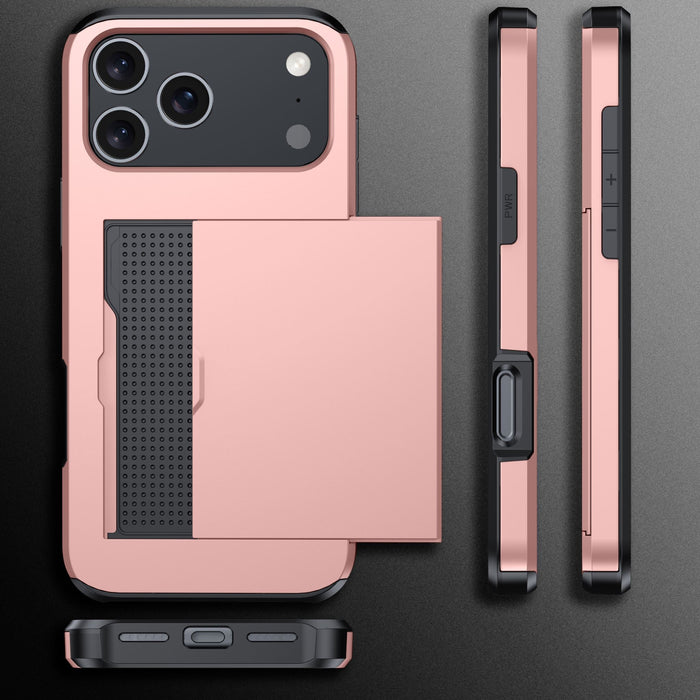 Rose gold phone case with black accent on a gray background