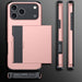 Rose gold phone case with black accent on a gray background