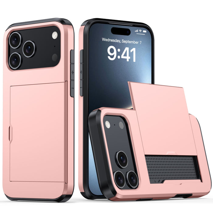 Pink phone case with screen protector and stand feature on a white background