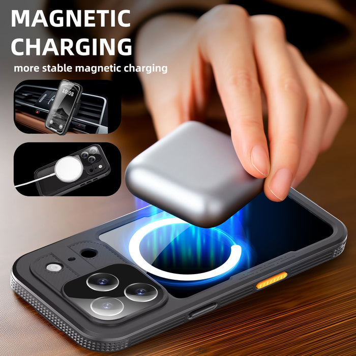 Smartphone with magnetic charging case being used, highlighting magnetic charging feature.