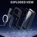 Exploded view diagram of a phone case with labeled components on a dark background.
