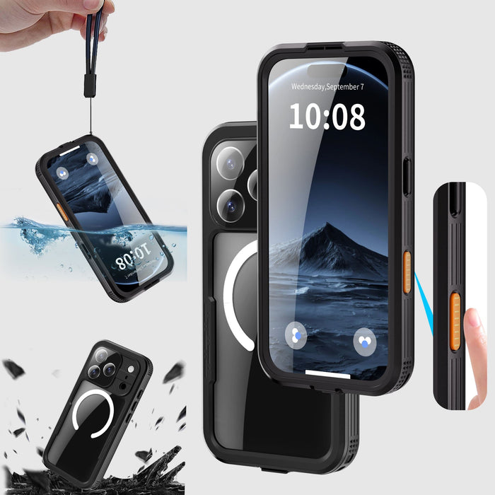 Phone case with screen protector and water resistance features on a gray background