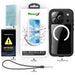 Phone case packaging with cleaning cloth, manual, and lanyard on a white background