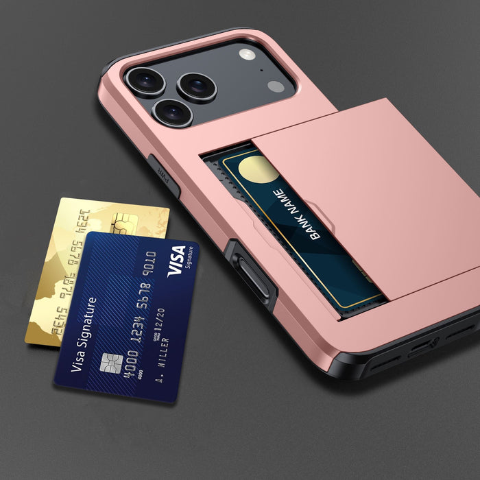 Phone case with card holder featuring Visa cards on a dark background