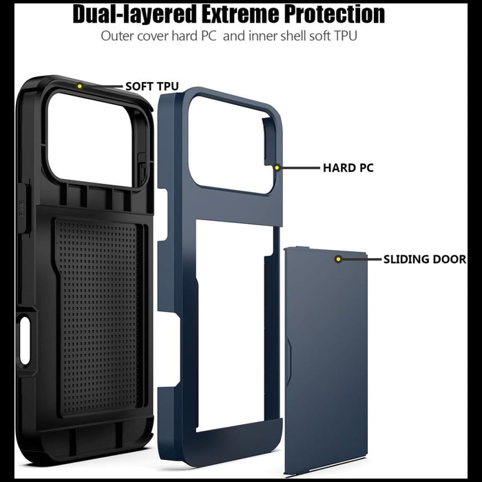 Phone case with dual-layered design featuring hard PC and soft TPU materials, labeled on a white background.