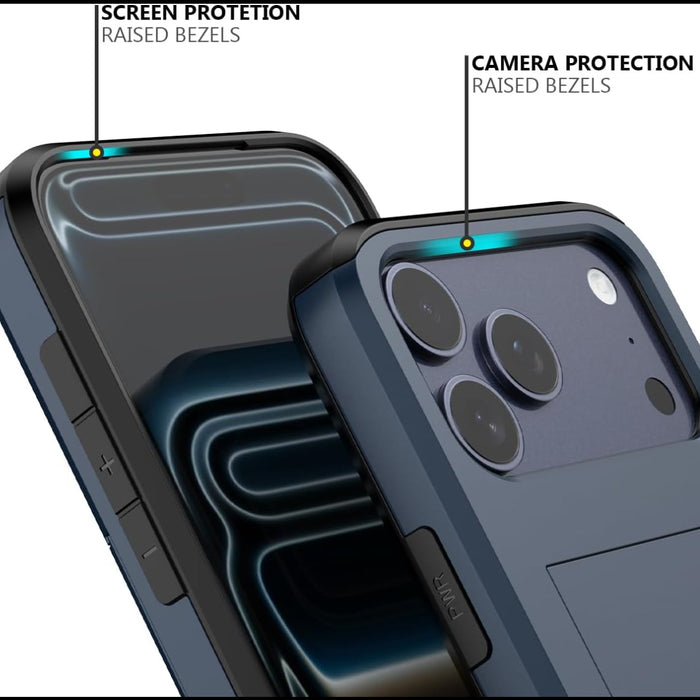 Phone case with raised bezels for screen and camera protection on a white background