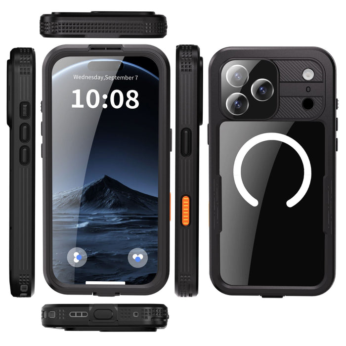 Black phone case with multiple views on a white background