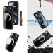 Phone case with pop socket feature shown in multiple angles and water resistance demonstration.