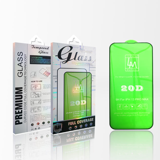 Green tempered glass screen protector with packaging on a white background