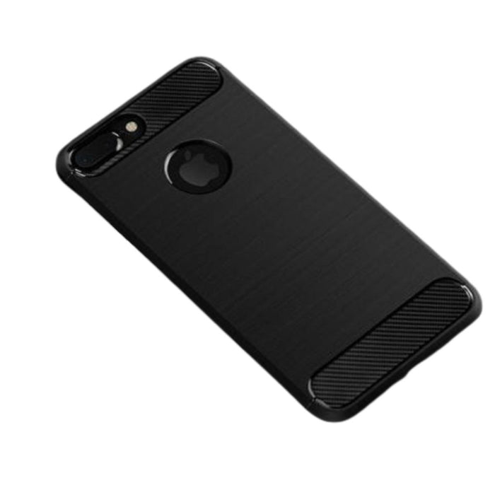 Black phone case with carbon fiber texture on a white background