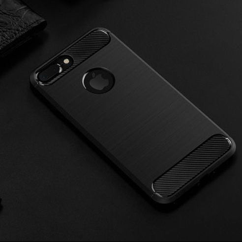 Black phone case with carbon fiber texture on a dark background