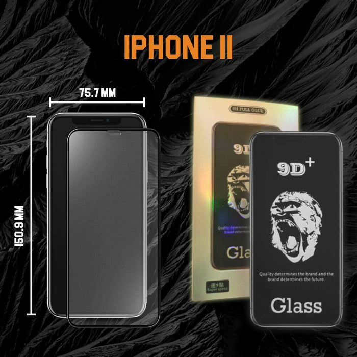 Screen protector for iPhone with dimensions and packaging on a dark background