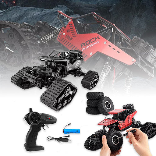 A remote control rock crawler racing car with interchangeable track wheels, shown alongside its remote control and a USB charging cable.