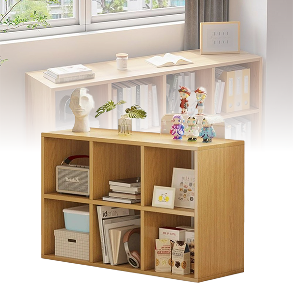 A wooden cubes storage bookcase organizer with multiple compartments, filled with books, decorations, and office supplies.