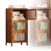A bamboo storage cabinet with clear acrylic doors, displaying multiple shelves with books and decorative items.