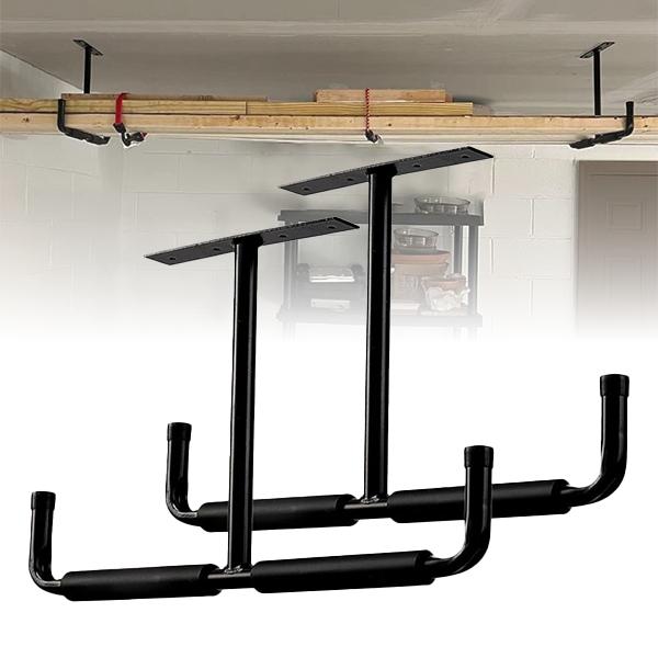 T-shaped ceiling hooks made from metal with a gray galvanized coating, featuring EVA arm protectors and rubber tips, installed on a ceiling for hanging purposes.