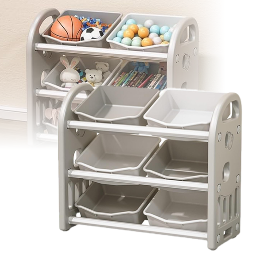 A gray toy storage rack with multiple bins, filled with various toys and placed in a room setting.