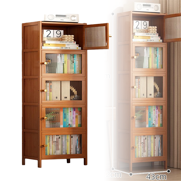A bamboo storage cabinet with clear acrylic doors, displaying multiple shelves with books. The cabinet is placed against a white background.