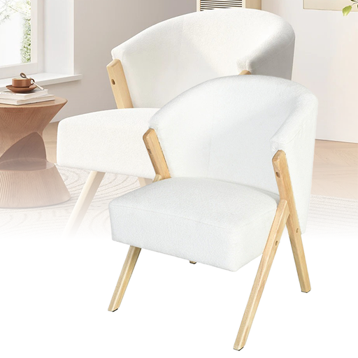 A white fleece accent chair with rubberwood legs, featuring an ergonomic design with a high U-shaped backrest and a wooden frame.