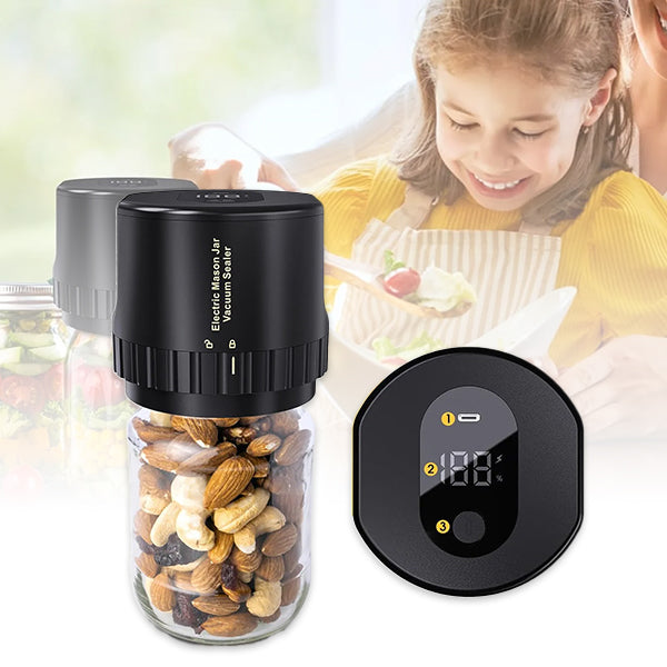 An electric vacuum sealer machine attached to a Mason jar filled with nuts. In the background, a person appears to be enjoying a snack.