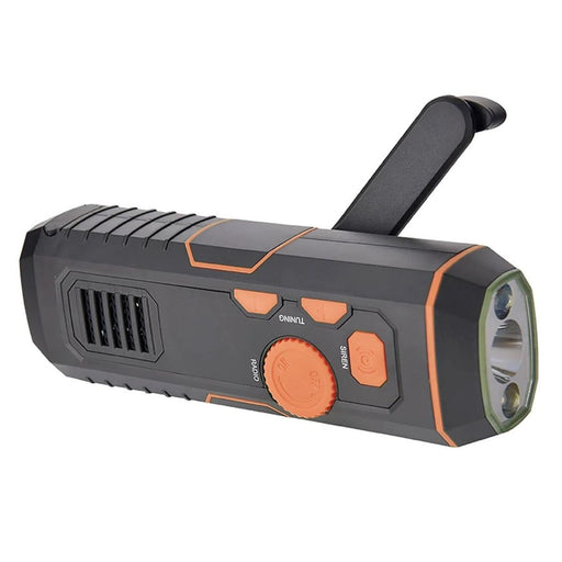 A black and orange BSafe emergency dynamo USB radio torch with FM radio and LED light, featuring a crank handle and battery power switch.