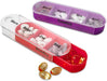 Two daily pill organizer trays, red 'Monday' and purple 'Tuesday,' with four compartments each filled with various pills.