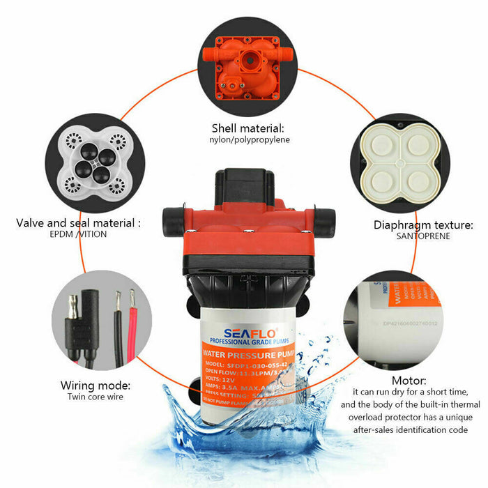 Seaflo 55PSI Pressure 12V Water Pump 11.3LPM For Caravan RV Boat Camper Trailer