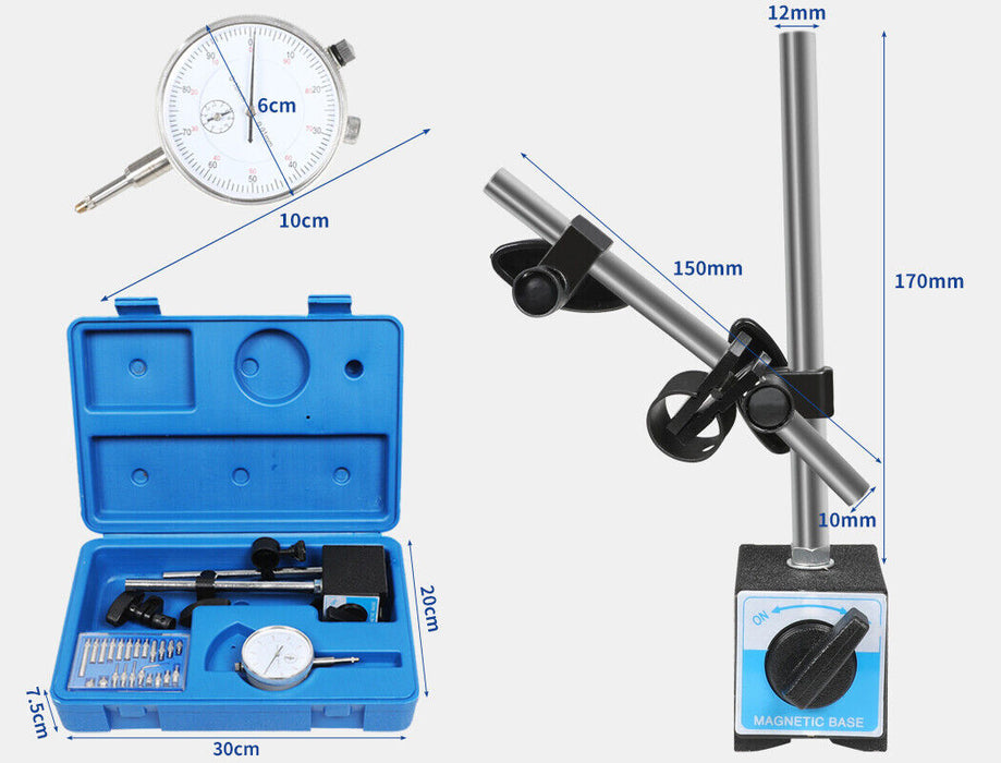 Dial Indicator Gauge Magnetic Base 0-10mm 60KG 22 Indicator Point Set