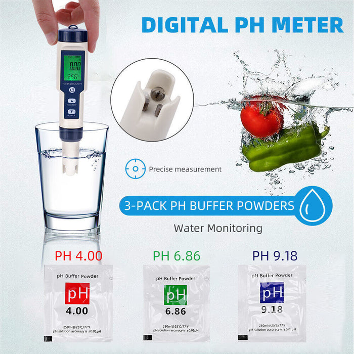 5 in 1 Pen Meter PH EC TDS Salinity Temp LCD Digital Water Quality Monitor Test
