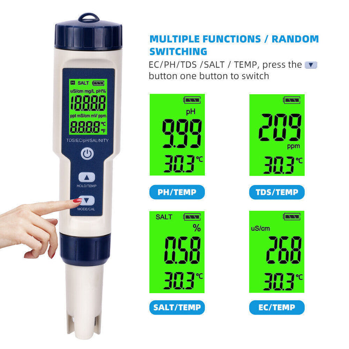 5 in 1 Pen Meter PH EC TDS Salinity Temp LCD Digital Water Quality Monitor Test
