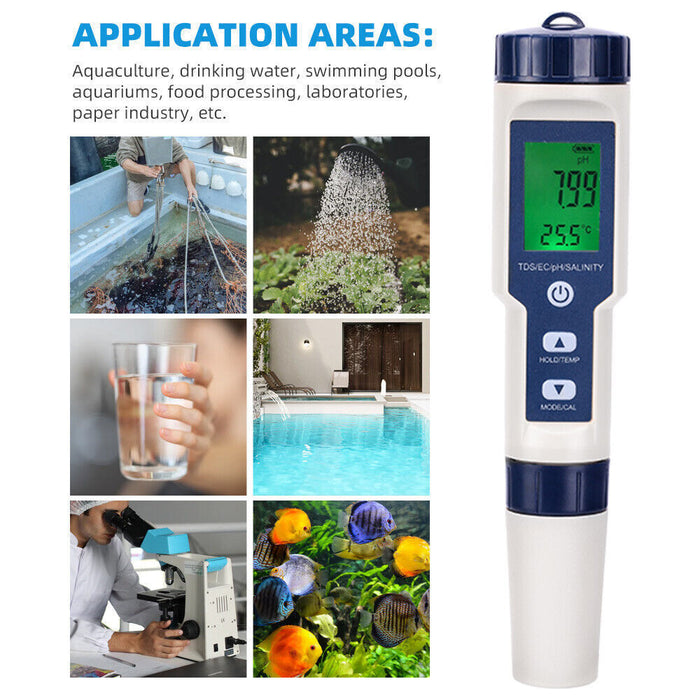 5 in 1 Pen Meter PH EC TDS Salinity Temp LCD Digital Water Quality Monitor Test