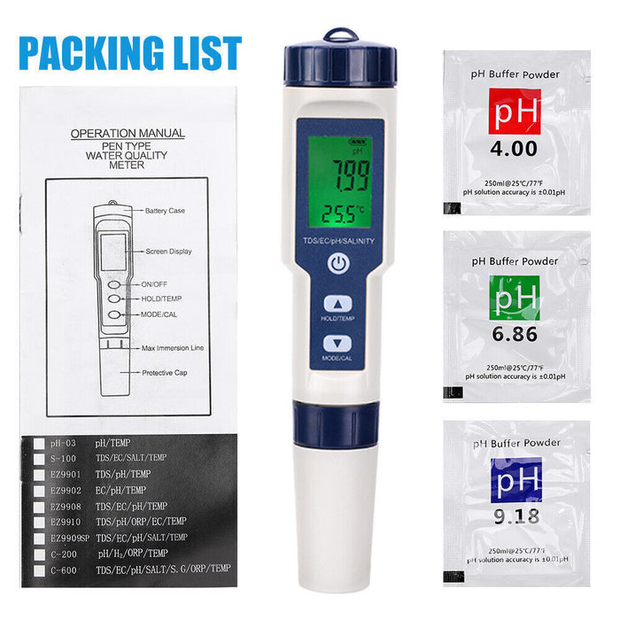 5 in 1 Pen Meter PH EC TDS Salinity Temp LCD Digital Water Quality Monitor Test
