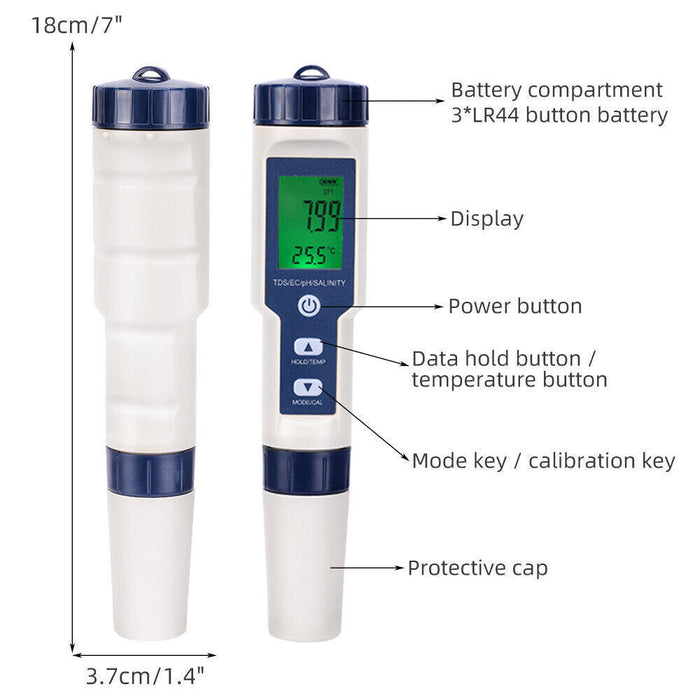 5 in 1 Pen Meter PH EC TDS Salinity Temp LCD Digital Water Quality Monitor Test