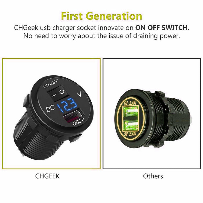 12V/24V QC 3.0 USB Fast Charger Socket Outlet On&amp;Off Switch For Car Motorcycle