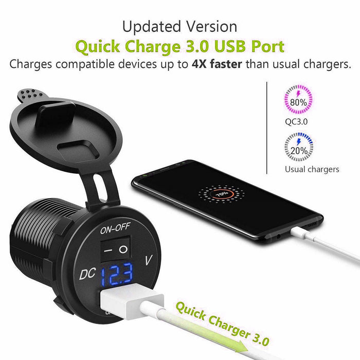 12V/24V QC 3.0 USB Fast Charger Socket Outlet On&amp;Off Switch For Car Motorcycle