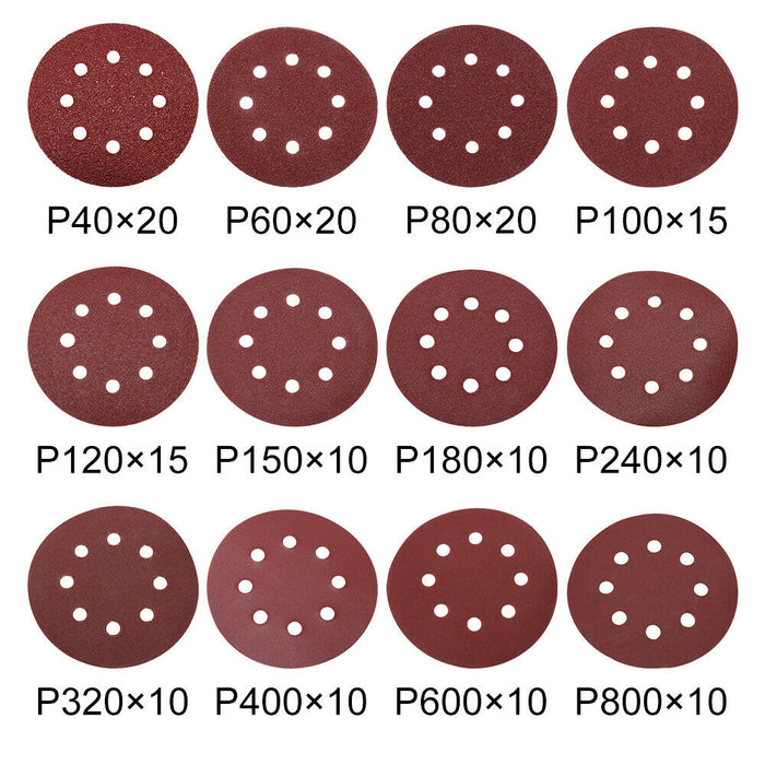 160PCS Sanding Discs 40-800 Grit Pads 125mm Hook&Loop 8 Hole Orbital Sandpaper