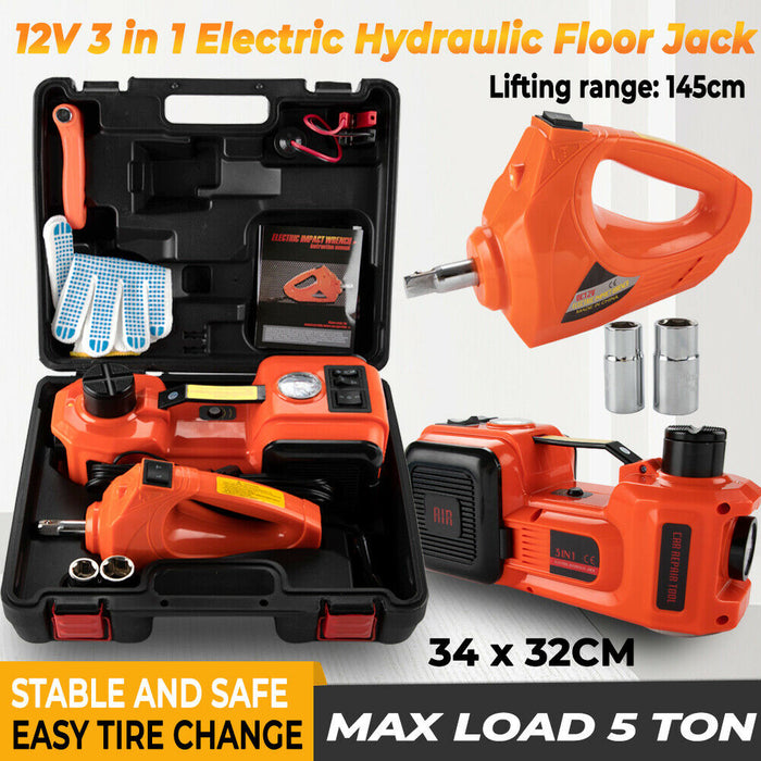 5Ton 12V Car Electric Hydraulic Floor Jack Lift + Impact Wrench Kit Box 3 in 1