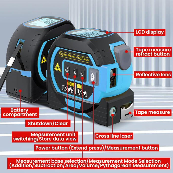 60m 3 in 1 Digital Measure Tape Laser Distance Meter Range Finder