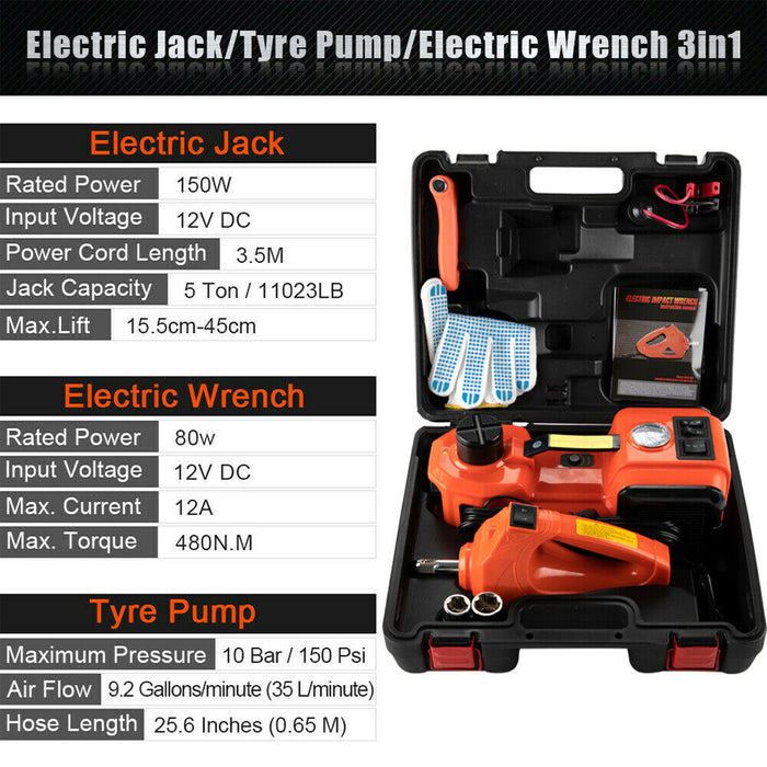 5Ton 12V Car Electric Hydraulic Floor Jack Lift + Impact Wrench Kit Box 3 in 1