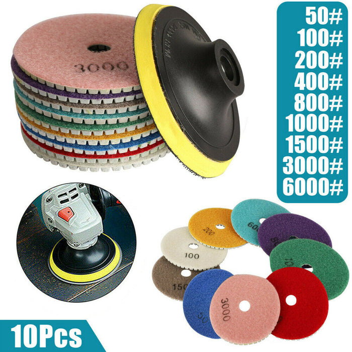 10Pcs Diamond Polishing Pads Wet Dry 4" Set for Granite Stone Concrete Marble