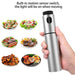 
A product image featuring a hand holding a stainless steel oil spray bottle next to six small circular inset photos showing various foods where the spray could be used, including salads, grilled meats (steak, sausage, ribs), and roast chicken. The image emphasizes the sprayer's versatility as a cooking oil mister.